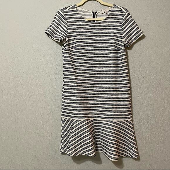 Loft Blue & Grey Striped Knit Ruffled Hem Mini Sheath Dress 4 - Picture 1 of 9